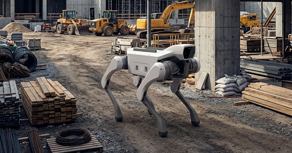 Robot dog walking across a construction site past timber and excavators