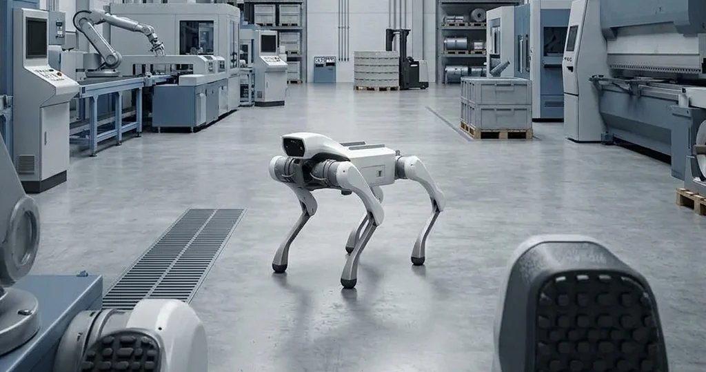 Robot dog walking through a factory floor among industrial machinery