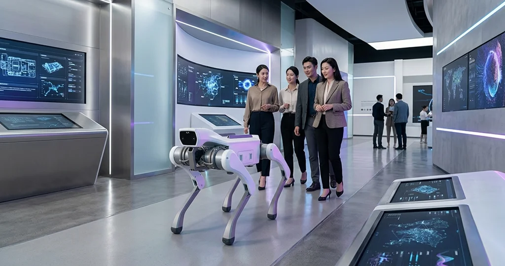 Robot dog guiding visitors through a technology showroom