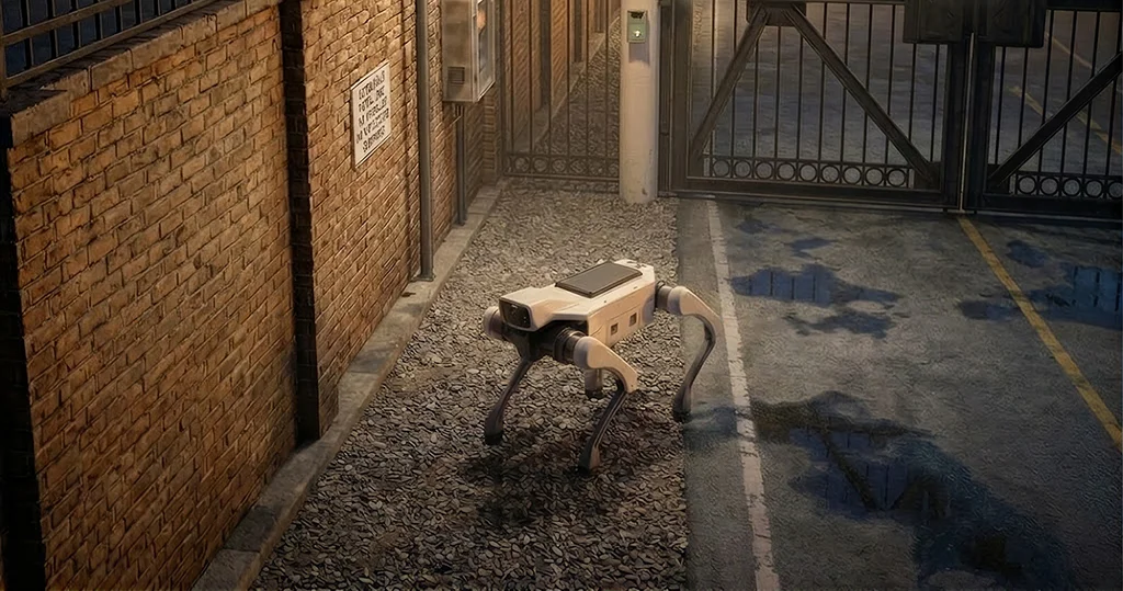 Robot dog patrolling between a brick wall and a security gate at night