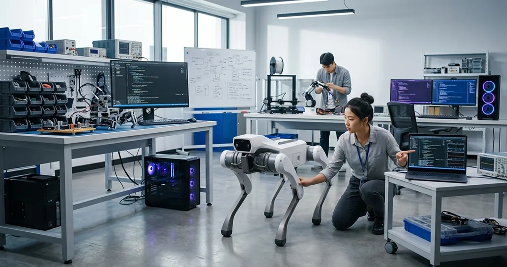 Engineer working with a robot dog in a robotics lab