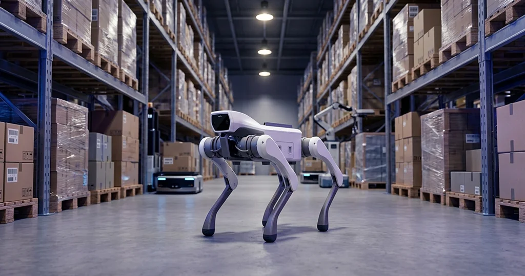 Robot dog walking down a warehouse aisle between stacked pallets